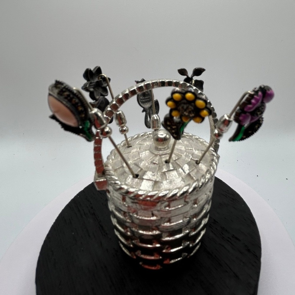 Judith Jack sterling enamel floral stick pins in a silver tone basket #304 - Picture 9 of 9